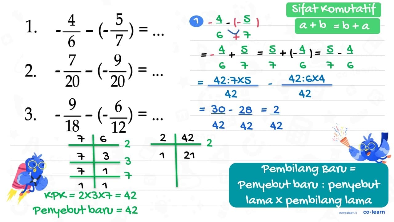 1. -4/6 - (-5/7) = ... 2. -7/20 - (-9/20) = ... 3. -9/18 -