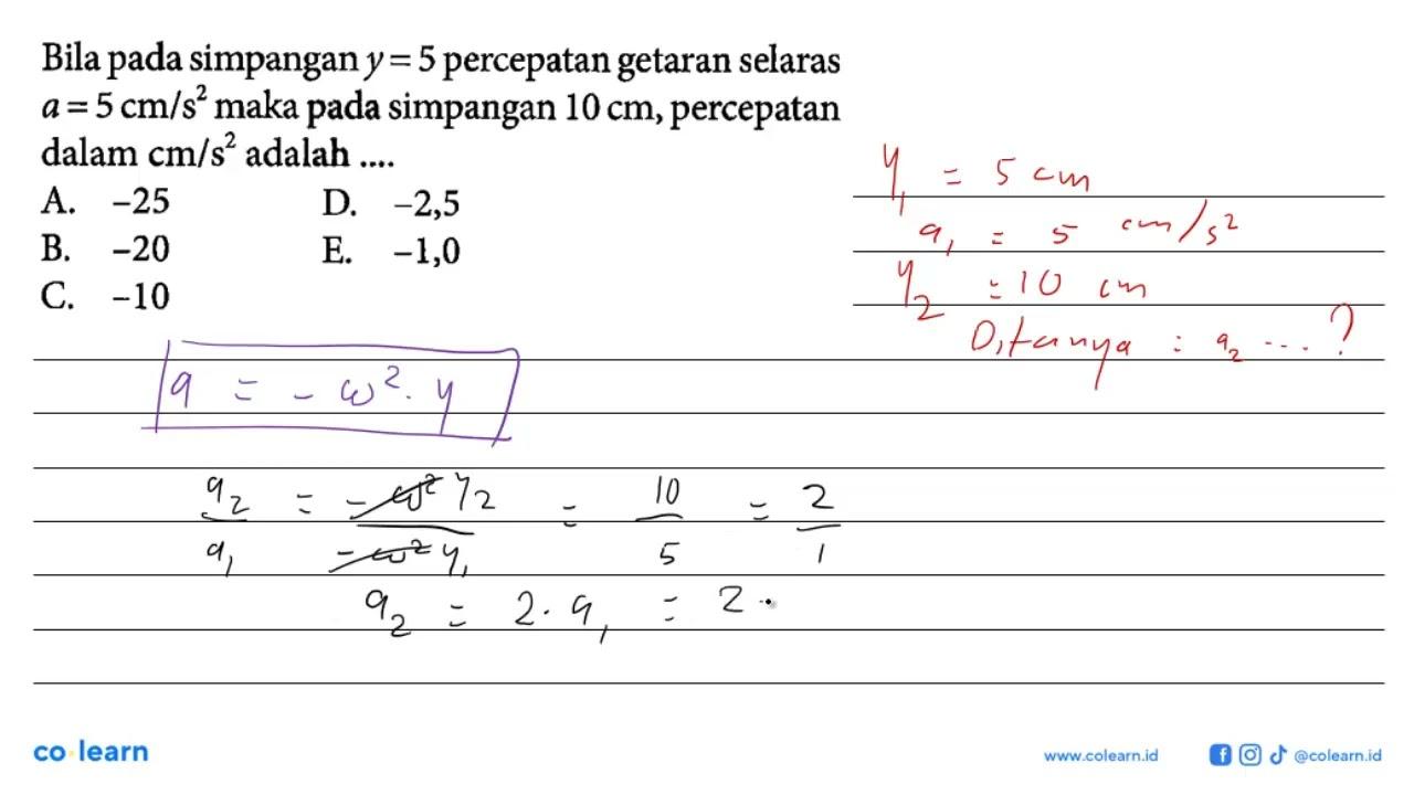 Bila pada simpangan y=5 percepatan getaran selaras a=5 cm /