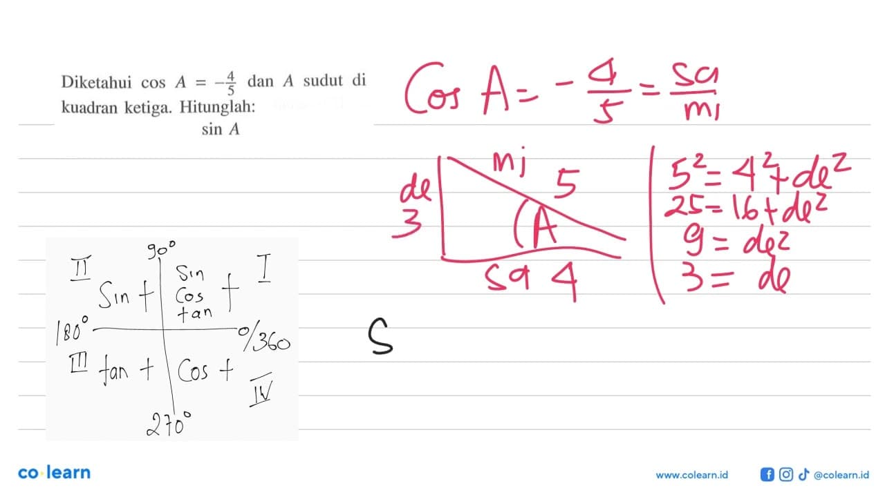 Diketahui cos A=-4/5 dan A sudut di kuadran ketiga.