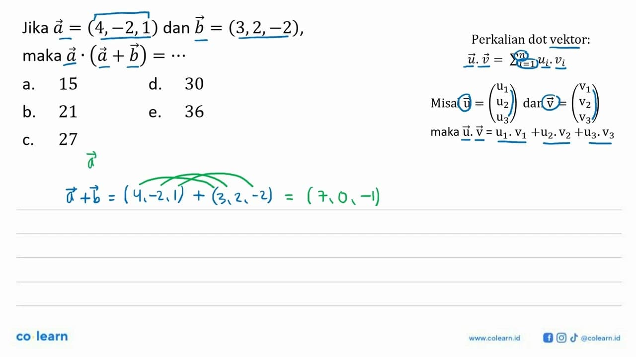 Jika vektor a=(4,-2,1) dan vektor b=(3,2,-2), maka a.(a+b)=