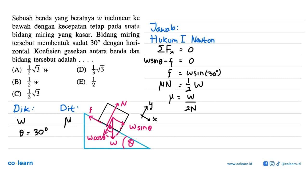 Sebuah benda yang beratnya w meluncur ke bawah dengan