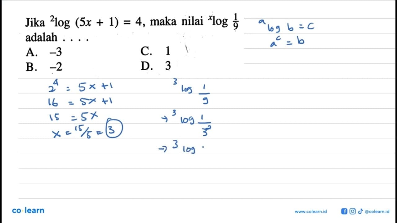 Jika 2log(5x+1)=4, maka nilai xlog 1/9 adalah ....