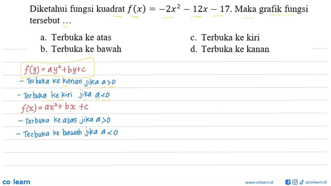 Diketahui fungsi kuadrat = -2x^2 - 12x - 17. Maka grafik