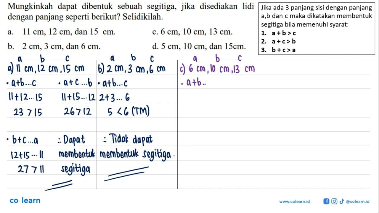 Mungkinkah dapat dibentuk sebuah segitiga, jika disediakan