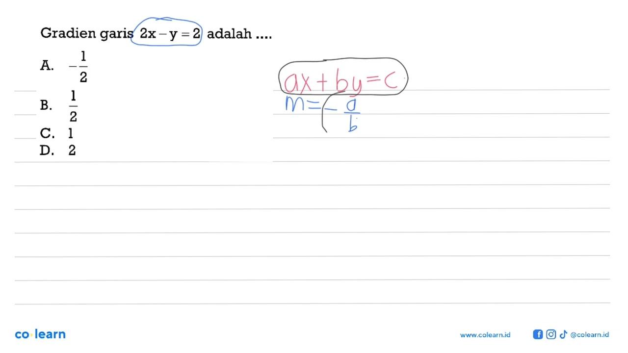 Gradien garis 2x - y = 2 adalah....