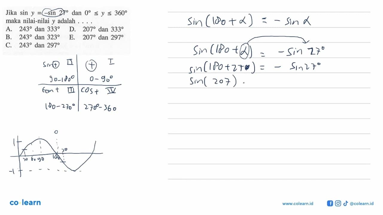 Jika sin y = -Sin 27 dan 0 <= y <= 360 maka nilai-nilai y