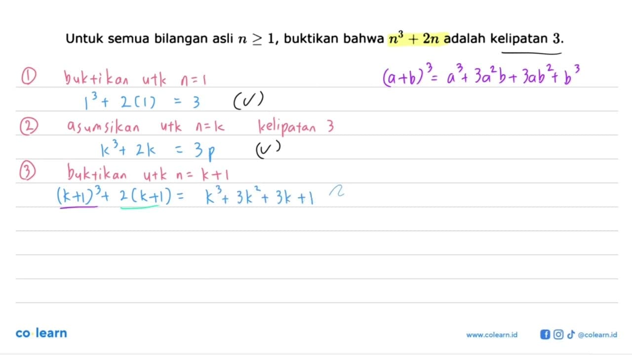 Untuk semua bilangan asli n>=1, buktikan bahwa n^3+2n