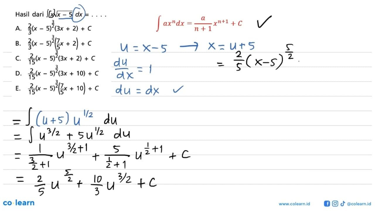 Hasil dari integral x akar(x-5) dx=...