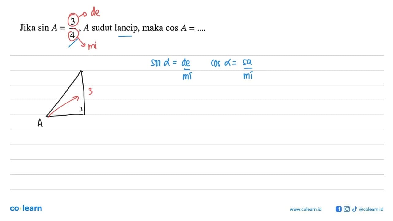 Jika sin A=3/4, A sudut lancip, maka cos A=...