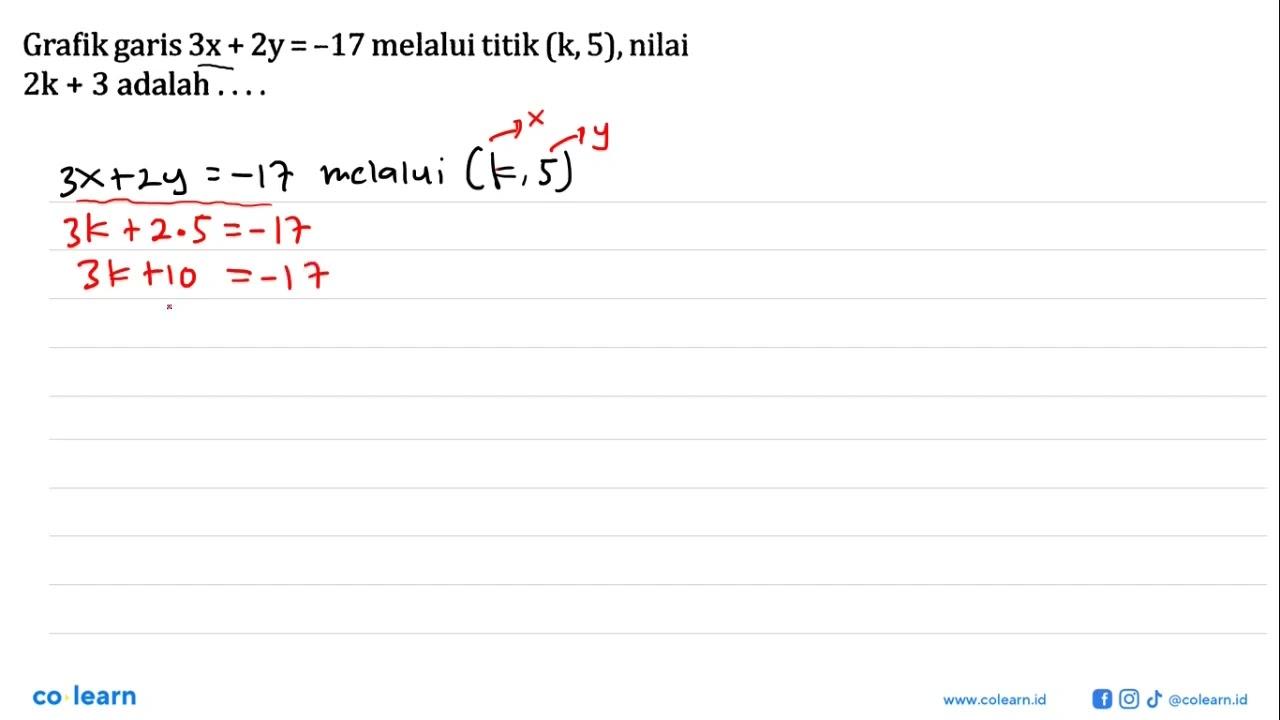 Grafik garis 3 x+2 y=-17 melalui titik (k, 5) , nilai 2 k+3