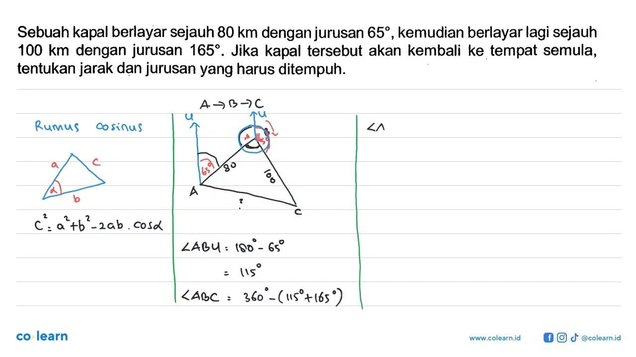 Sebuah kapal berlayar sejauh 80 km dengan jurusan 65,