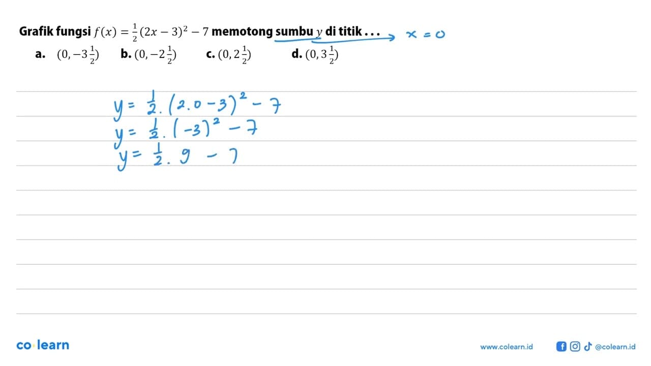 Grafik fungsi f(x) = 1/2(2x - 3)^2 - 7 memotong sumbu y di