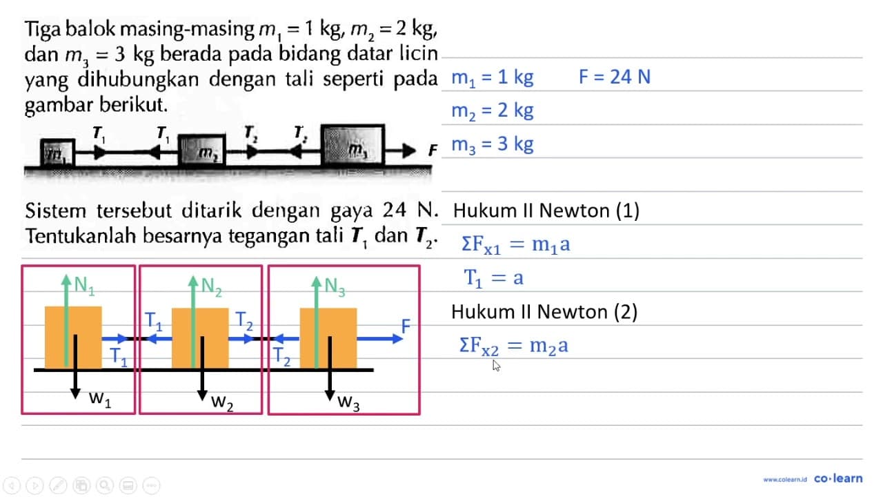 Tiga balok masing-masing m1=1 kg, m2=2 kg, dan m3=3 kg