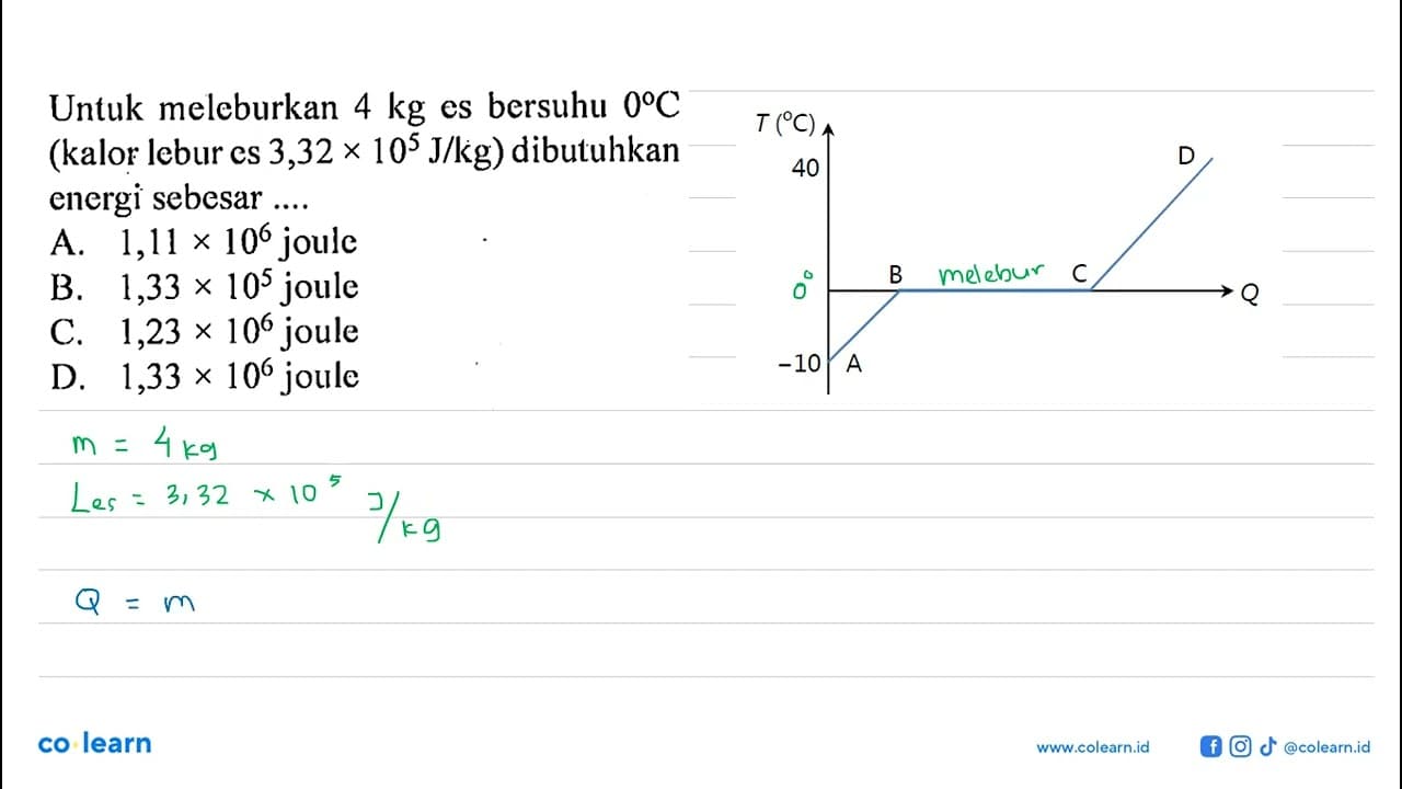 Untuk meleburkan 4 kg es bersuhu 0 C (kalor lebur es 3,32 x