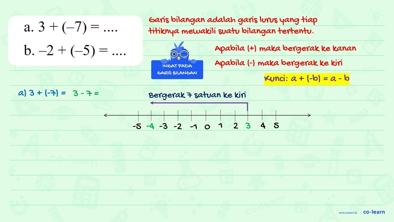 a. 3 + (-7) = ... b.-2 + (-5) =...