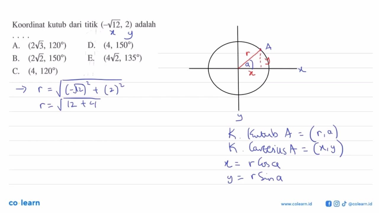 Koordinat kutub dari titik (12^1/2, 2) adalah