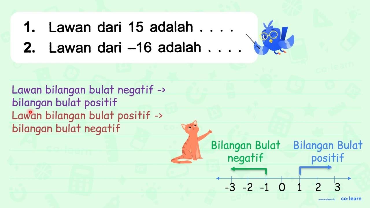 1. Lawan dari 15 adalah 2. Lawan dari -16 adalah