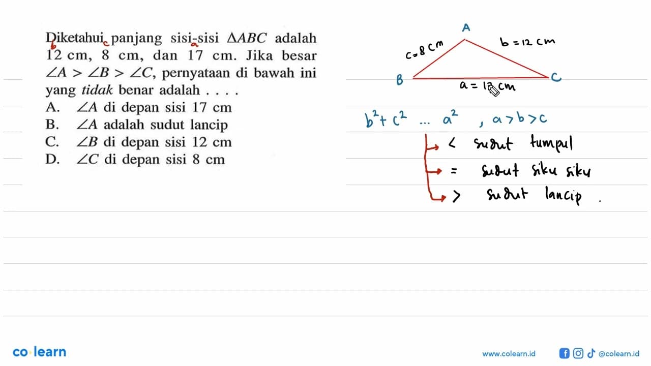 Diketahui panjang sisi-sisi segitiga ABC adalah 12 cm, 8