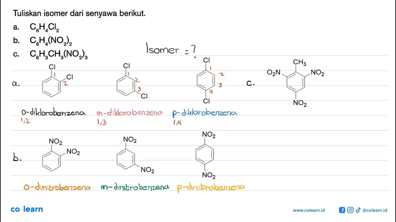 Tuliskan isomer dari senyawa berikut. a. C6H4Cl2 b.