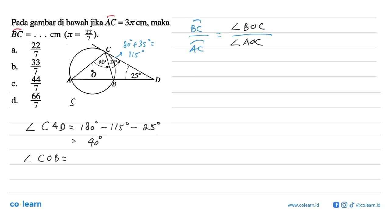 Pada gambar di bawah jika AC=3pi cm , maka BC=... cm