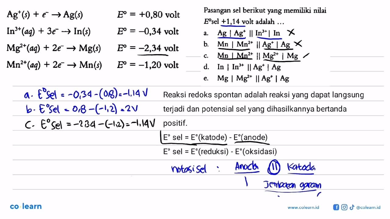 Pasangan sel berikut yang memiliki nilai E sel +1,14 volt