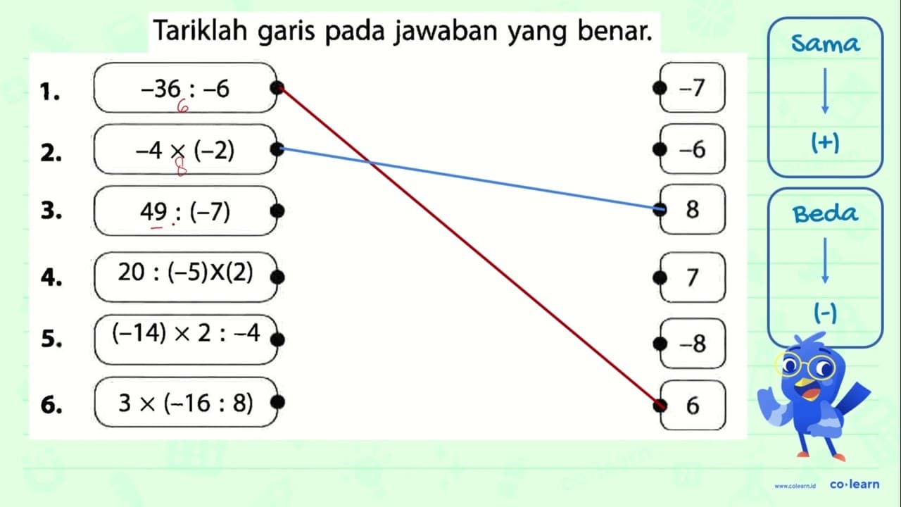 1. -36 : -6 2. -4 x (-2) 3. 49 : (-7) 4. 20 : (-5) (2) 5.