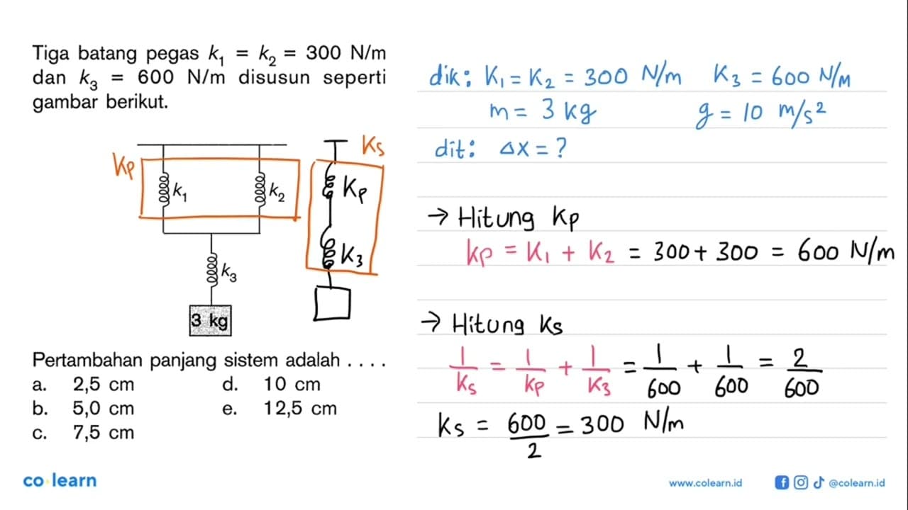 Tiga batang pegas k1=k2=300 N/m dan k3=600 N/m disusun