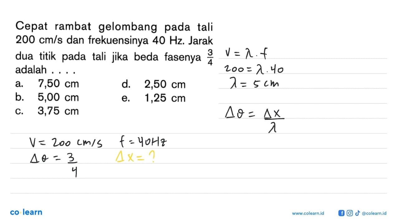 Cepat rambat gelombang pada tali 200 cm/s dan frekuensinya