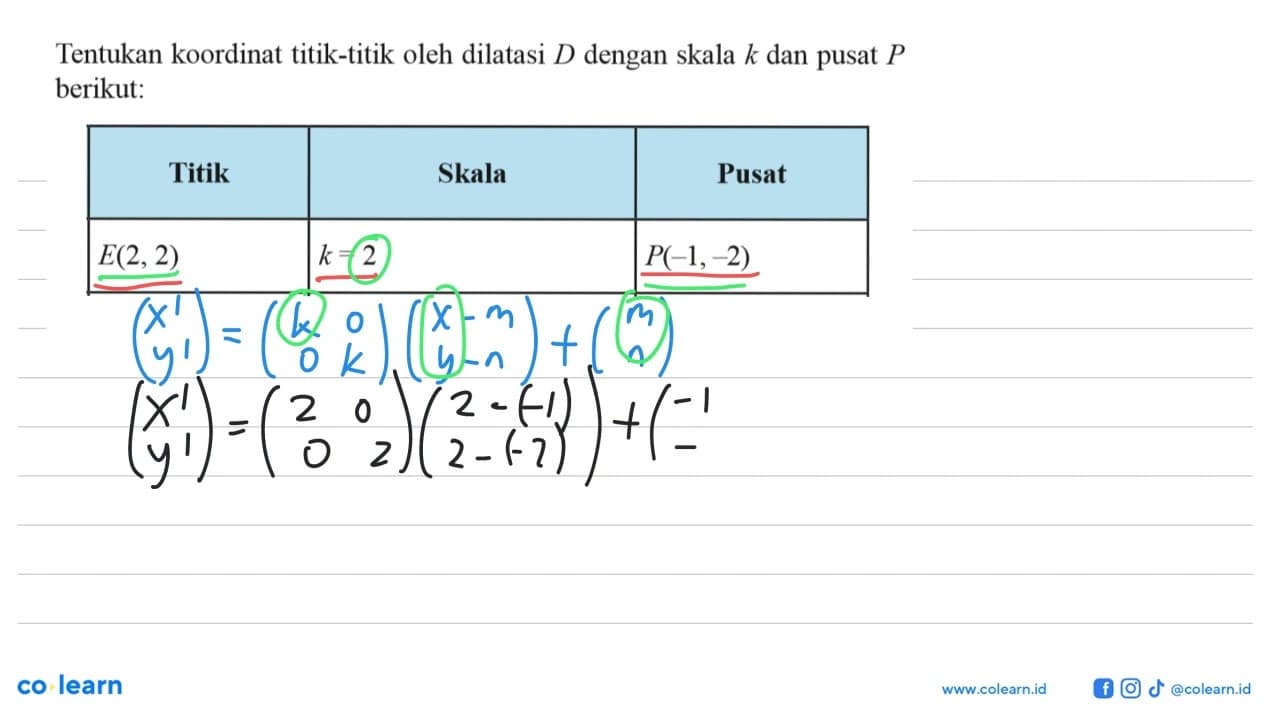 Tentukan koordinat titik-titik oleh dilatasi D dengan skala