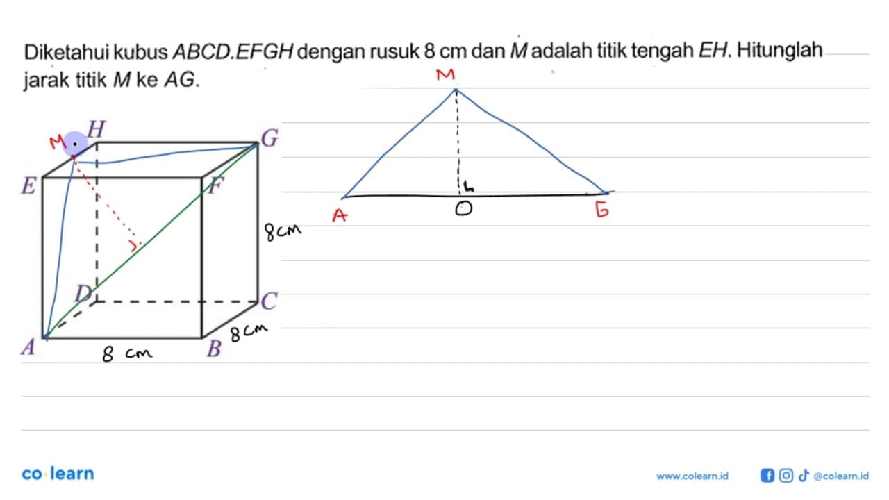 Diketahui kubus ABCD.EFGH dengan rusuk 8 cm dan M adalah