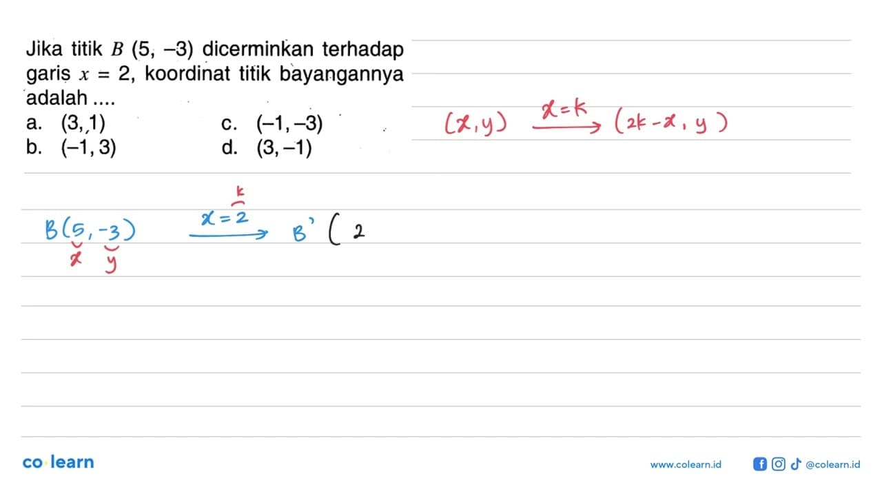 Jika titik B(5,-3) dicerminkan terhadap garis x=2,