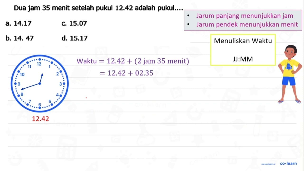 Dua jam 35 menit setelah pukul 12.42 adalah pukul.... a.