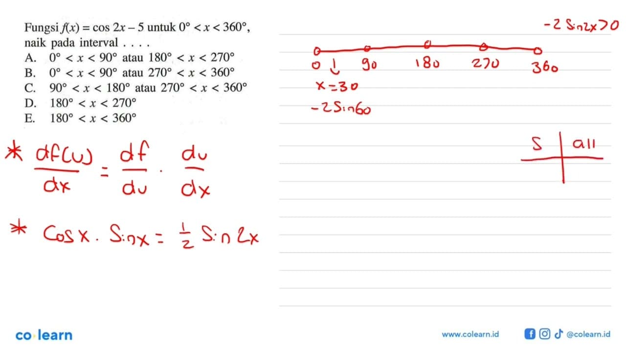 Fungsi f(x)=cos 2x-5 untuk 0<x<360, naik pada interval ....