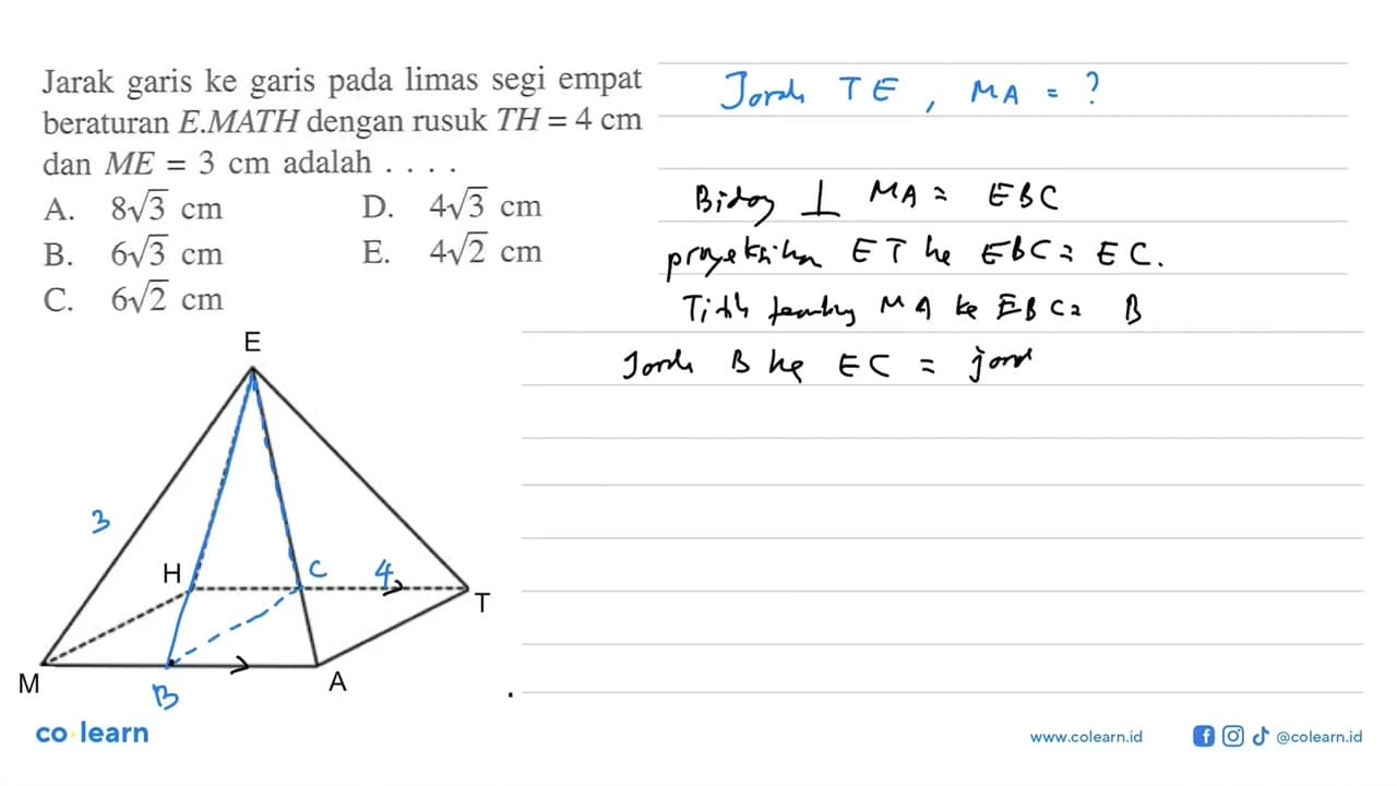 Jarak garis ke garis pada limas segi empat beraturan E.MATH