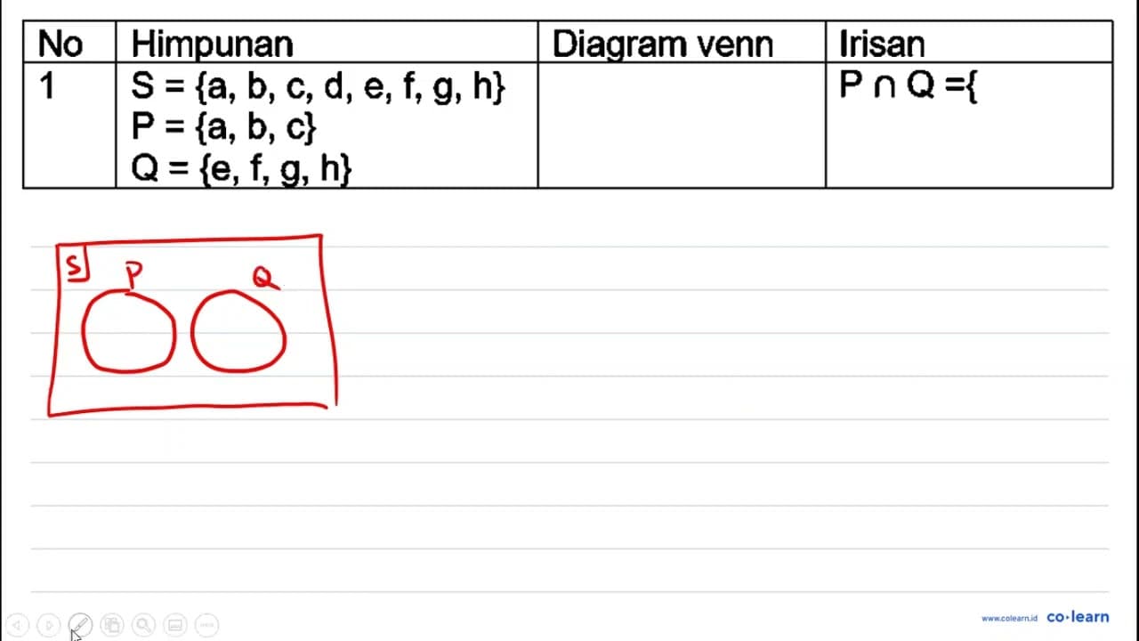 No Himpunan Diagram venn Irisan 1 S={a, b, c, d, e, f, g,