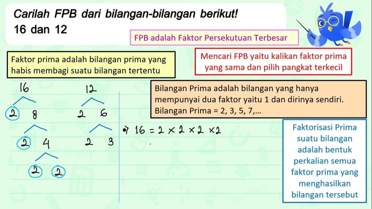 Carilah FPB dari bilangan-bilangan berikut! 16 dan 12