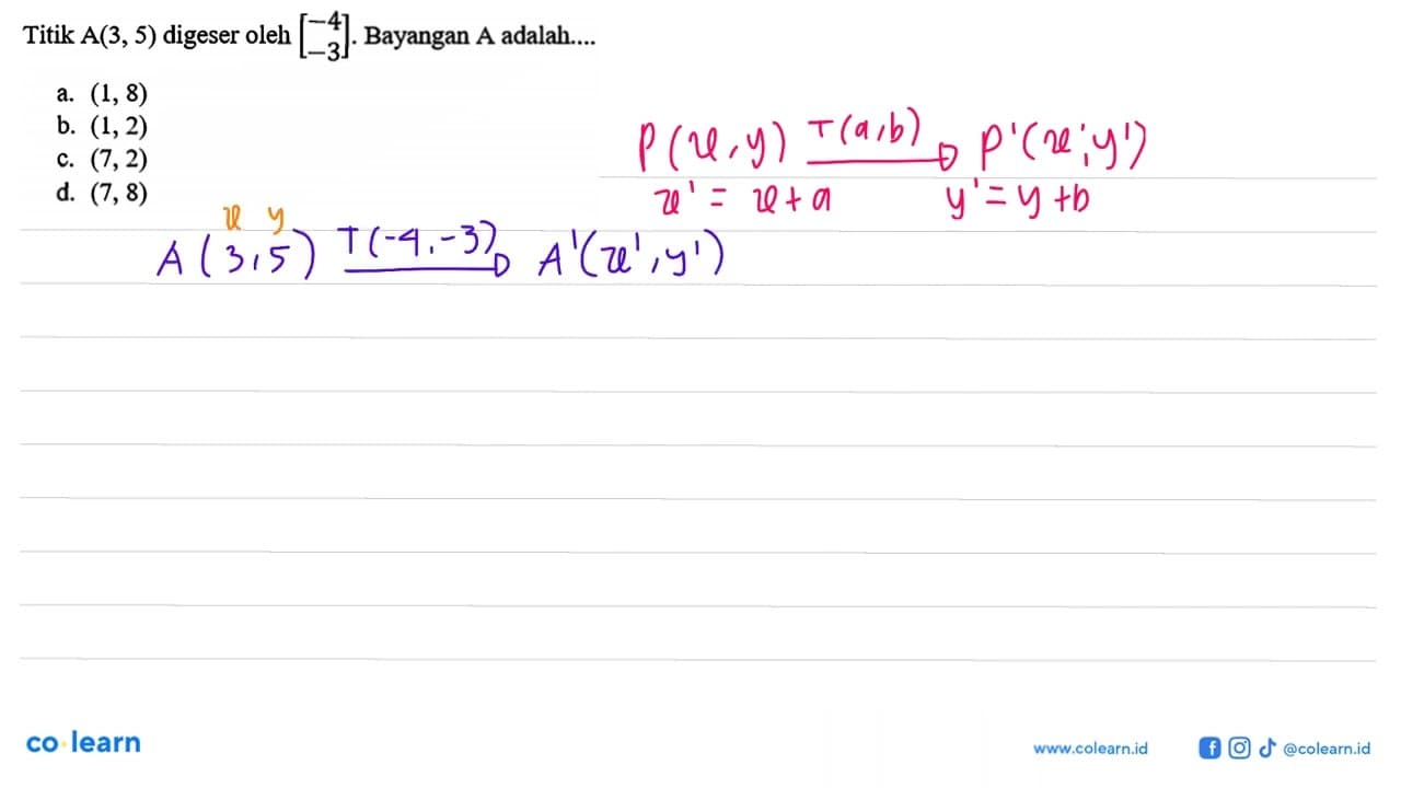 Titik A(3,5) digeser oleh [-4 -3]. Bayangan A adalah....