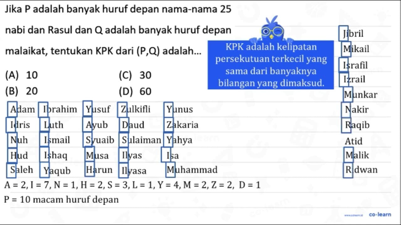 Jika P adalah banyak huruf depan nama-nama 25 nabi dan