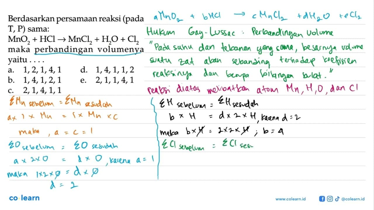 Berdasarkan persamaan reaksi (pada T, P) sama:MnO2+HCl ->