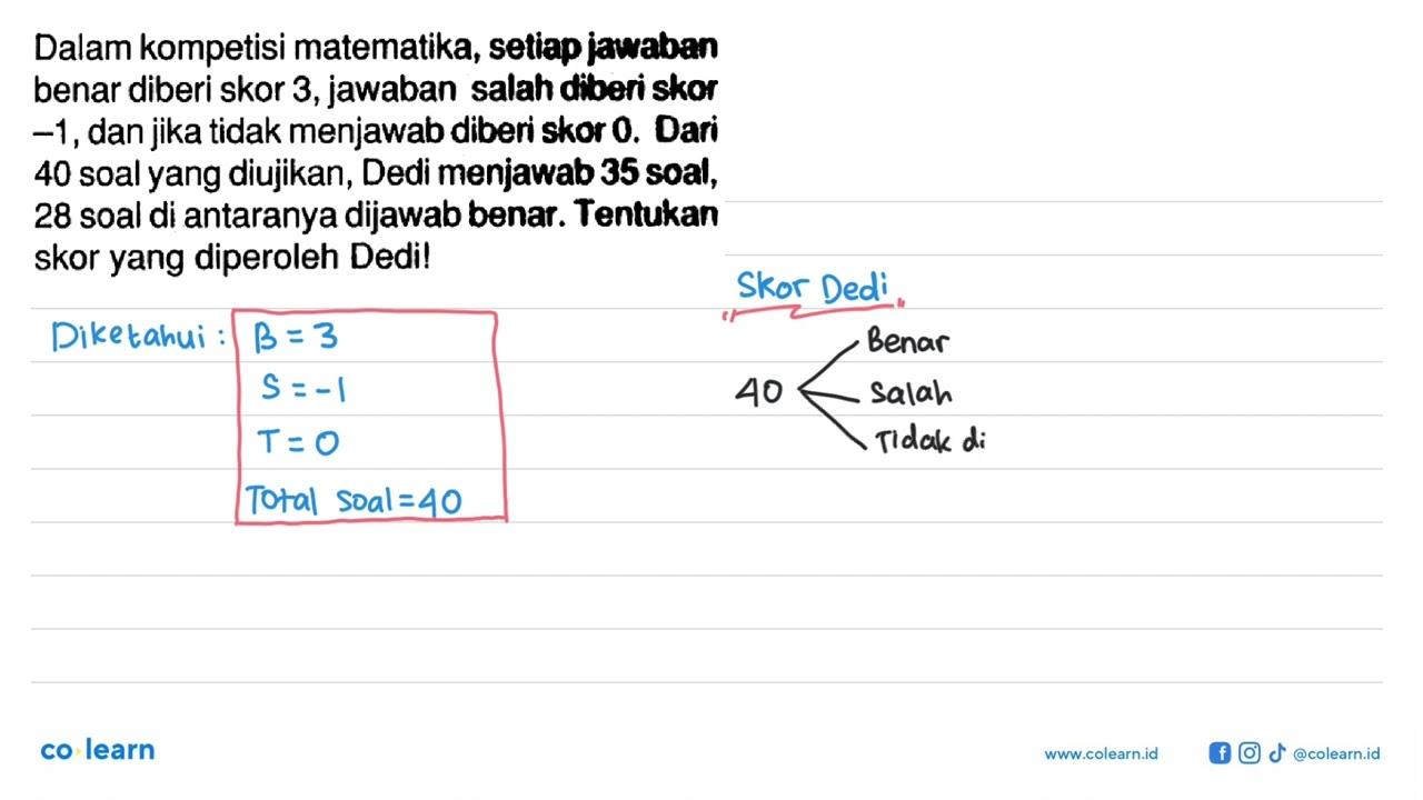 Dalam kompetisi matematika, setiap jawaban benar diberi