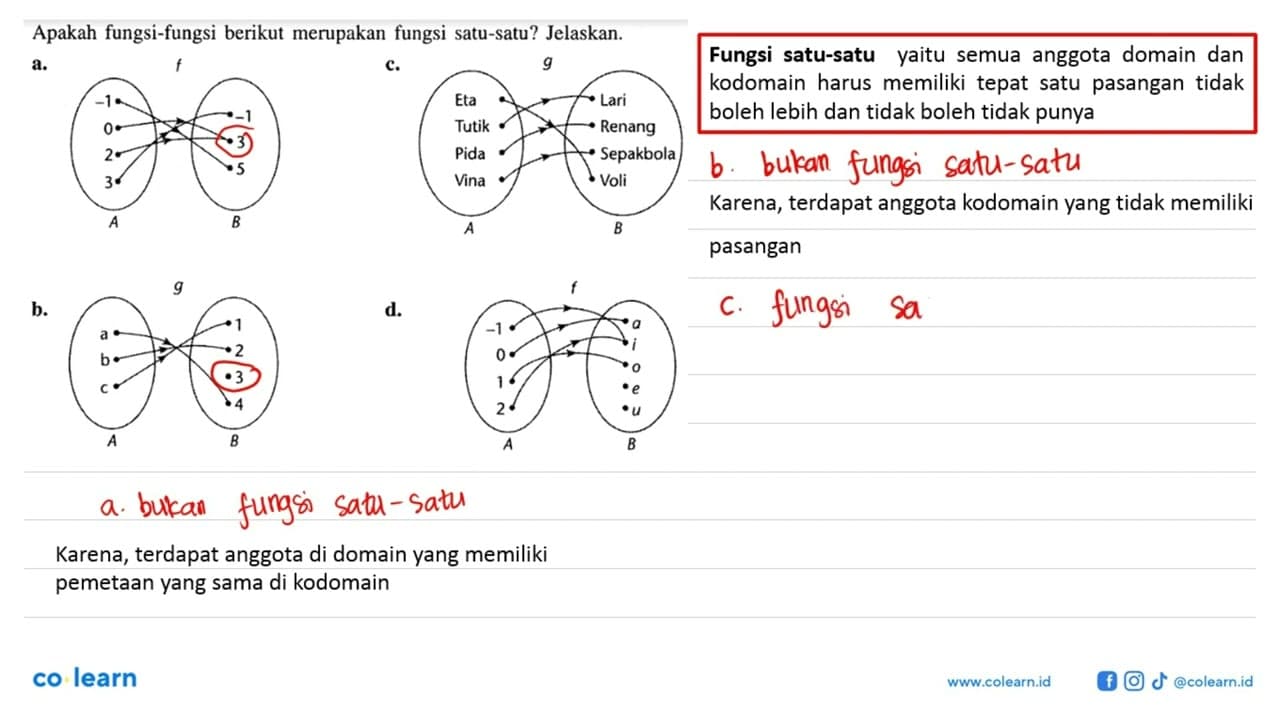 Apakah fungsi-fungsi berikut merupakan fungsi satu-satu?