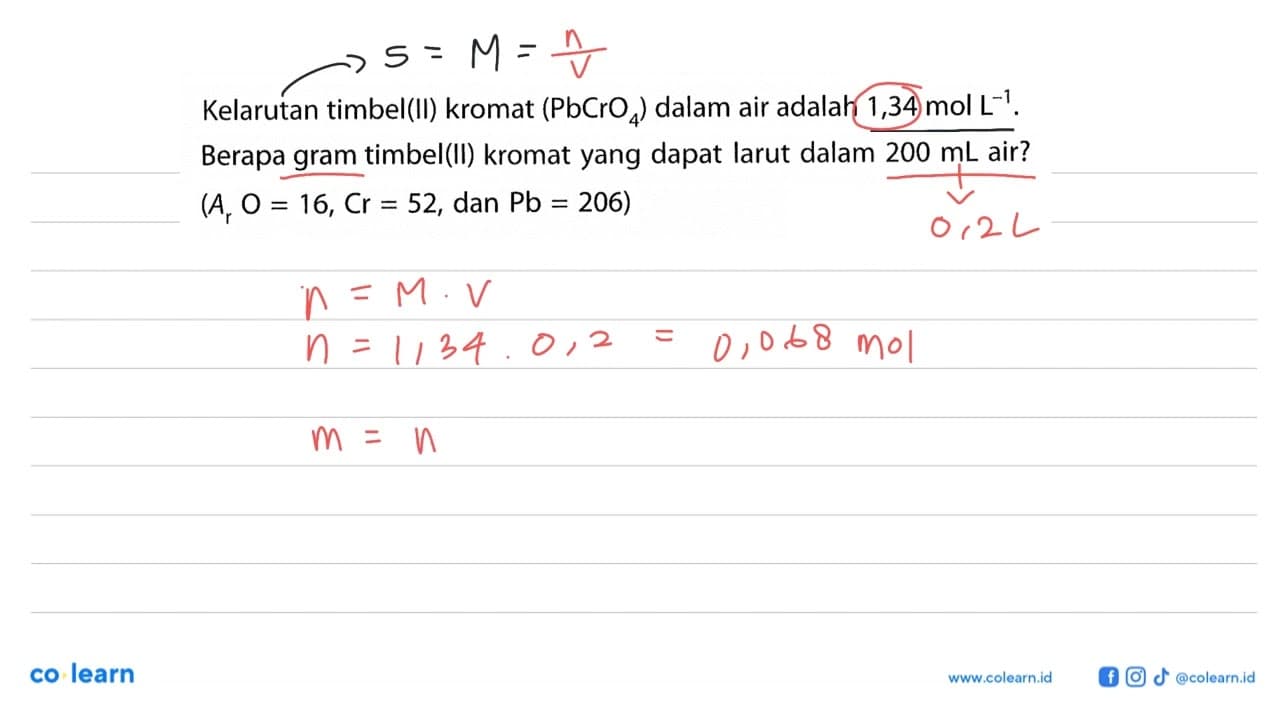 Kelarutan timbel(II) kromat (PbCrO4) dalam air adalah 1,34