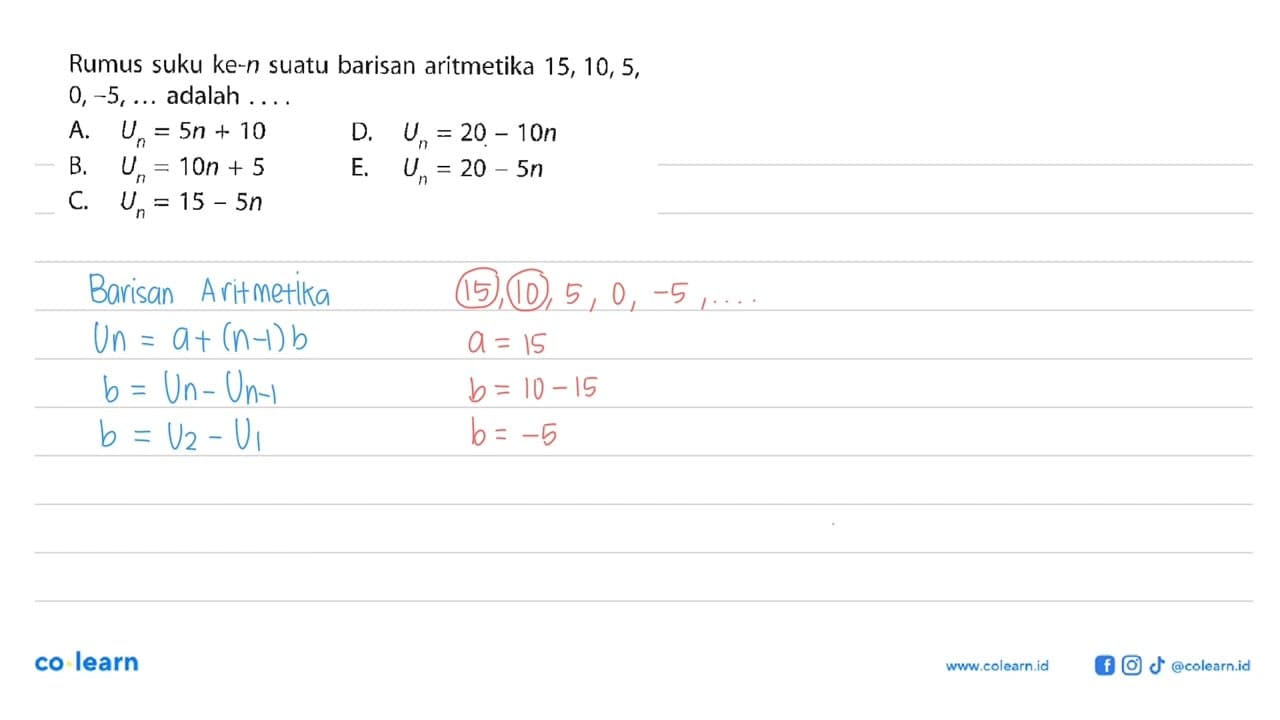 Rumus suku ke-n suatu barisan aritmetika 15, 10, 5, 0, -5,