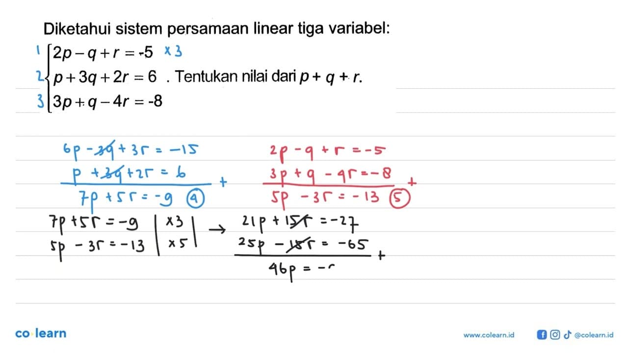 Diketahui sistem persamaan linear tiga variabel: 2p-q+r=-5