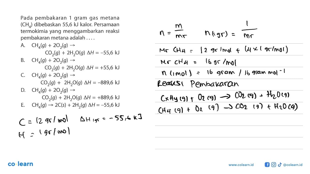 Pada pembakaran 1 gram gas metana (CH4) dibebaskan 55,6 kJ