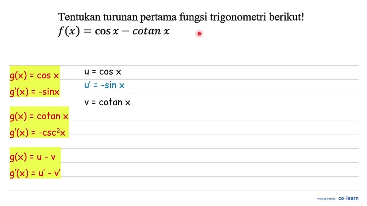 Tentukan turunan pertama fungsi trigonometri berikut!