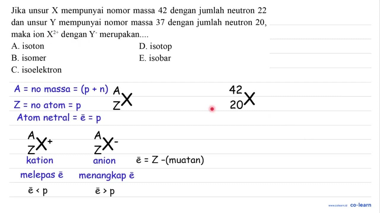 Jika unsur X mempunyai nomor massa 42 dengan jumlah neutron