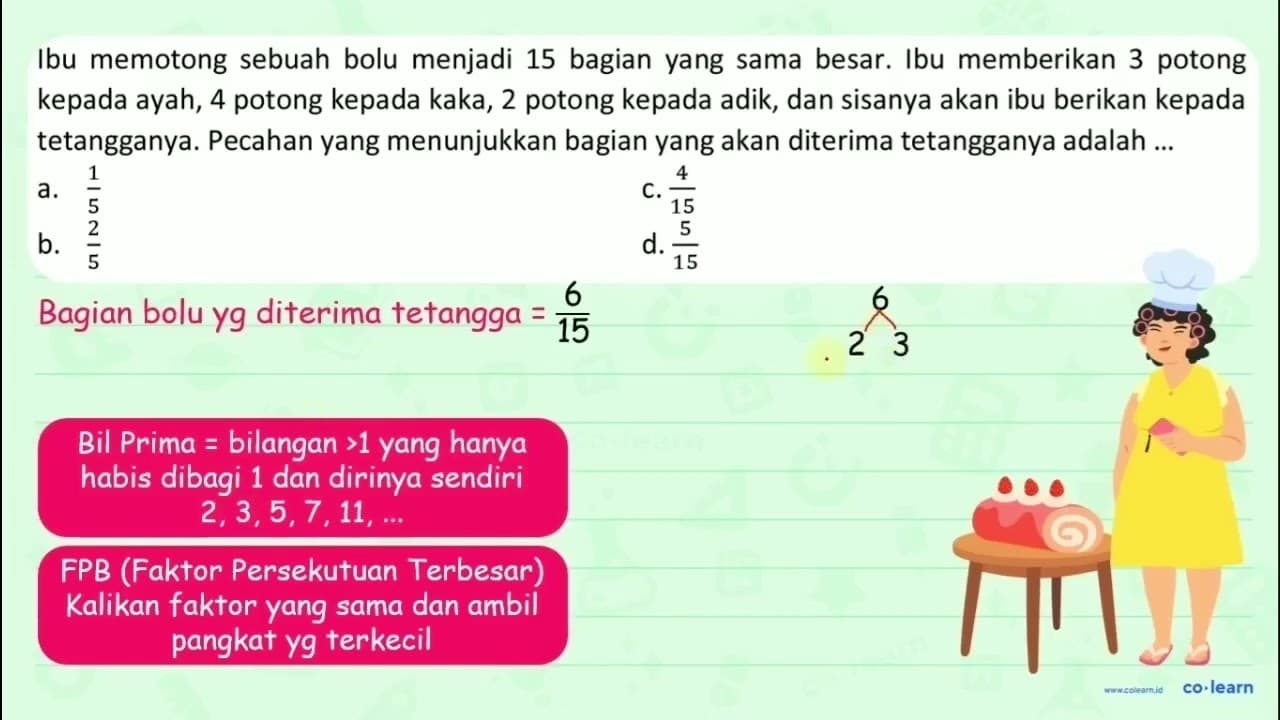 Ibu memotong sebuah bolu menjadi 15 bagian yang sama besar.