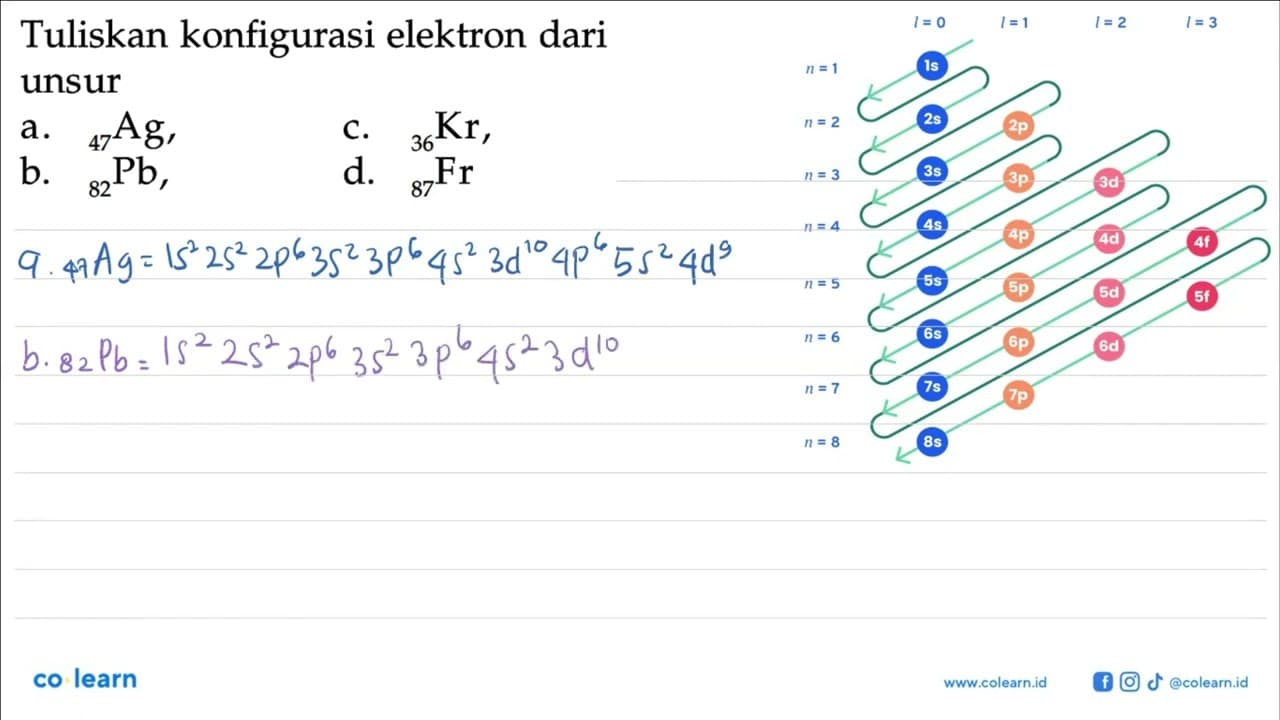 Tuliskan konfigurasi elektron dari unsur a. 47Ag, c. 36Kr,
