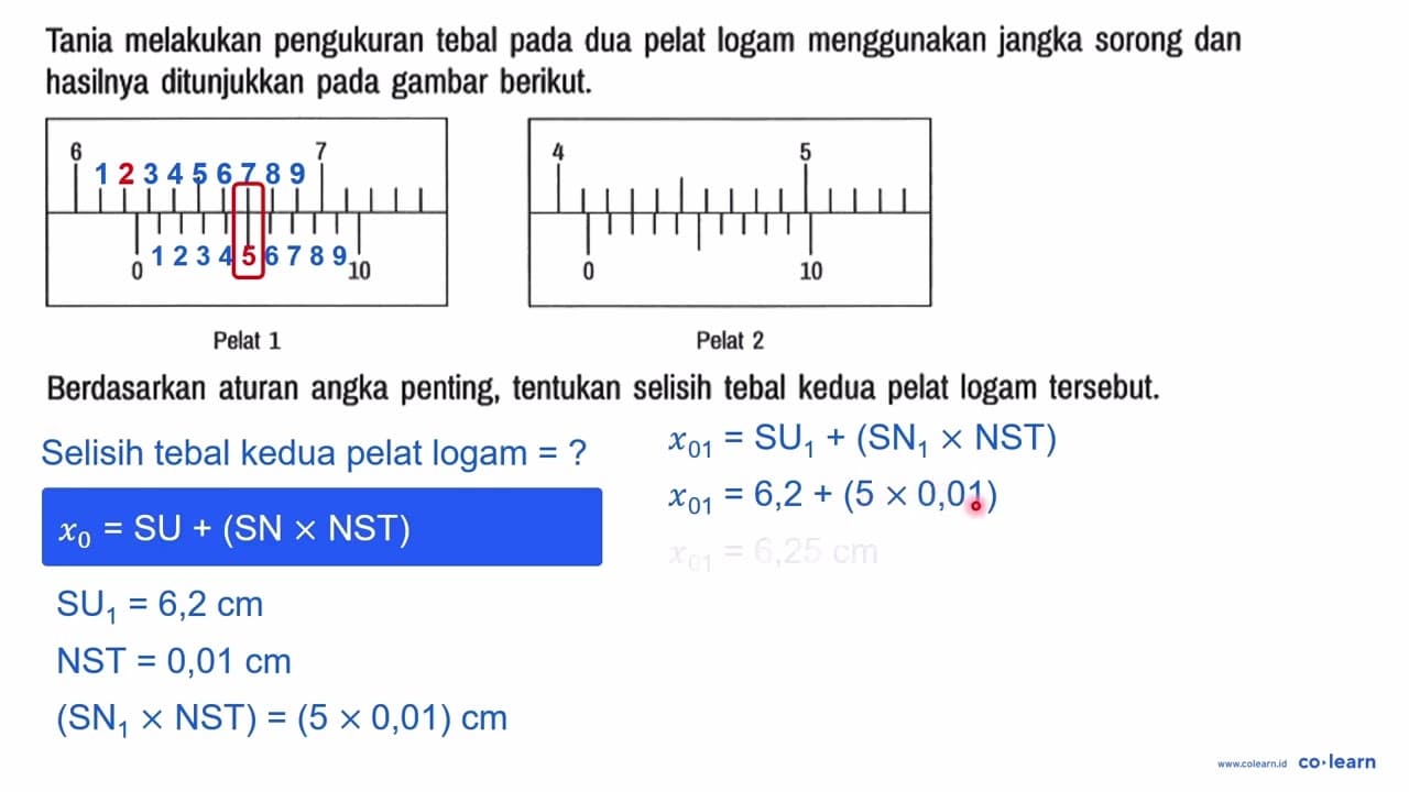 Tania melakukan pengukuran tebal pada dua pelat logam